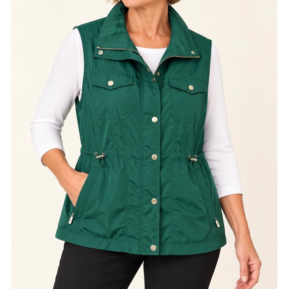 Chicos Emerald Green Utility Anorak Vest Gold Hardware Size 3.5 XL US 18